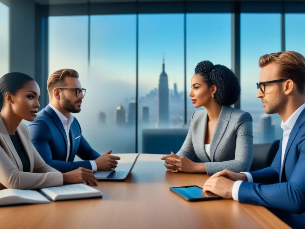 Inversores diversos planifican estrategias inmobiliarias en oficina moderna Una reunión de inversionistas diversos discutiendo estrategias para inversiones inmobiliarias exitosas en una oficina moderna