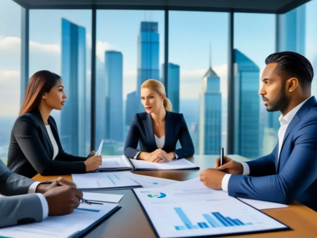 Inversores analizan riesgos inmobiliarios en reunión de alto nivel Una reunión de inversionistas en una moderna sala de juntas, evaluando riesgos de préstamos inmobiliarios