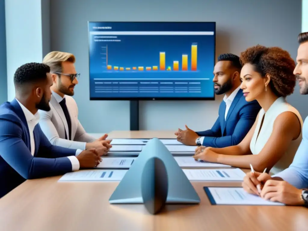 Inversores inmobiliarios: reunión estratégica diversa Una reunión de inversores inmobiliarios con diversidad en una sala moderna, analizando datos de mercados inmobiliarios regionales accesibles