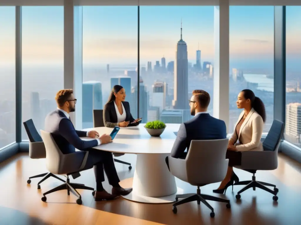 Reunión de profesionales diversa en oficina moderna Una reunión de inversores internacionales planificando estrategias en una oficina moderna con vista a la ciudad