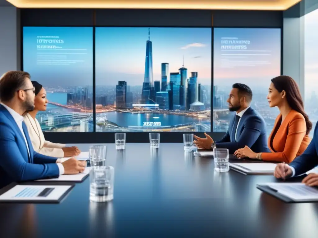 Inversionistas internacionales en boardroom de lujo Reunión de inversores internacionales en moderna sala de juntas con vista a la ciudad