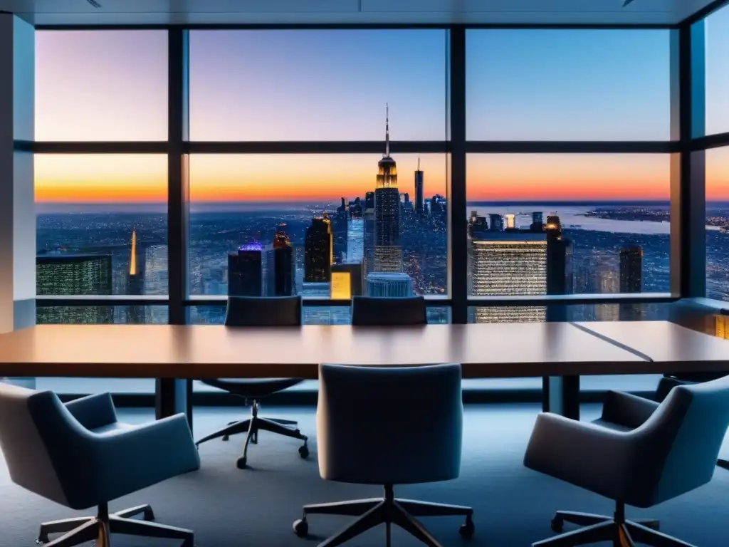 Oficina de inversores en acción: análisis financiero al atardecer Reunión de inversores en oficina moderna con gráficos financieros y vista urbana al atardecer