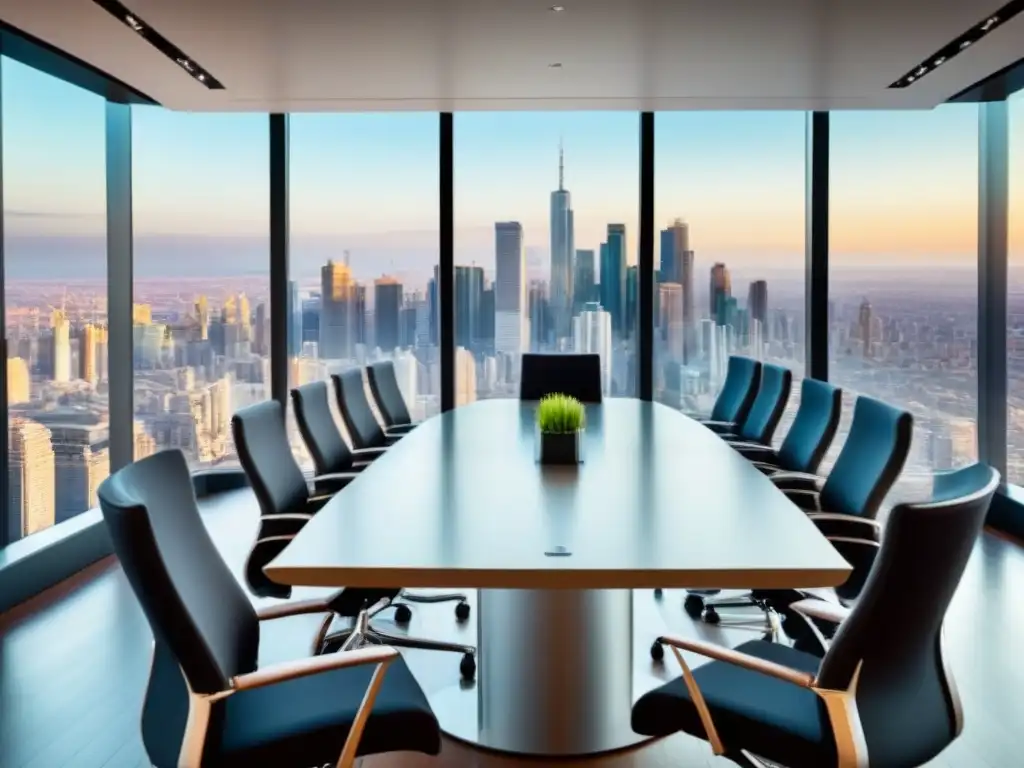 Oficina de lujo con vista a la ciudad y profesionales en reunión Una reunión en lujoso despacho con vista a la ciudad, mesa larga, pantalla de gráficos y profesionales diversos debatiendo