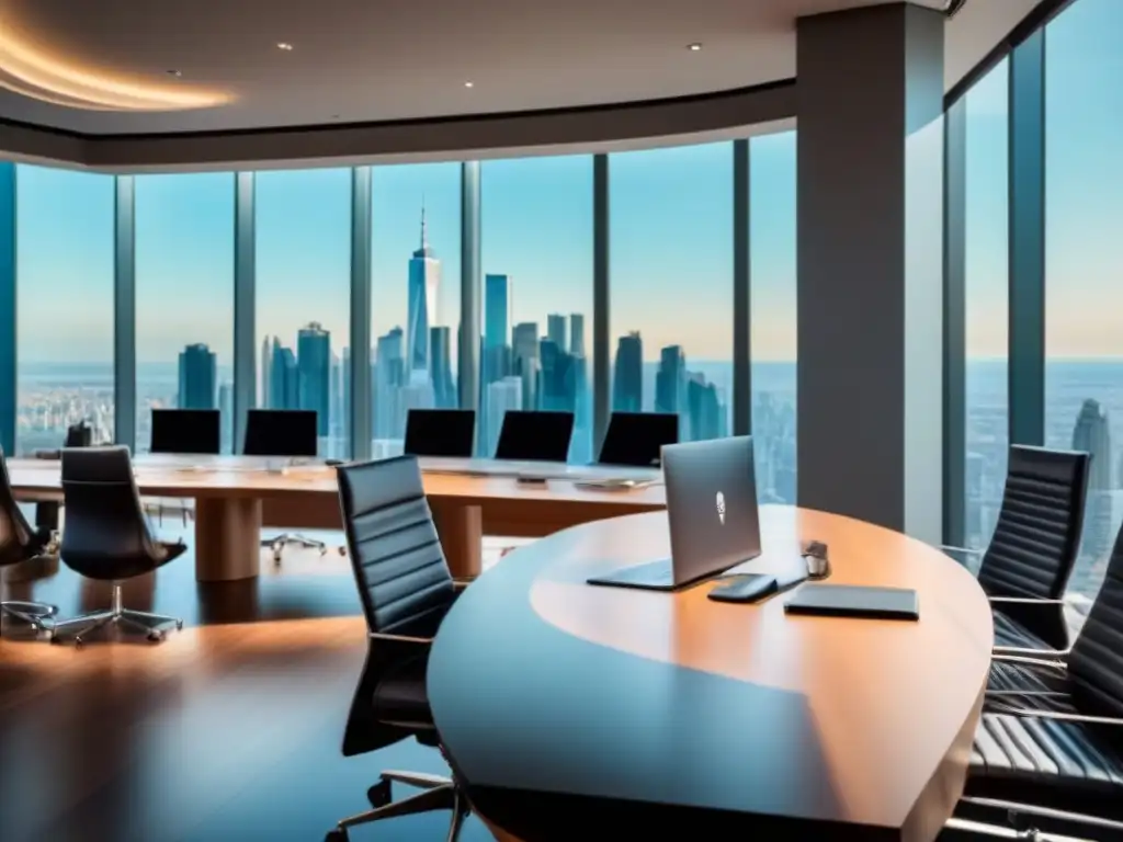Salón de juntas de lujo: negocios y elegancia en la ciudad Reunión de negocios en lujosa sala de juntas con vista a la ciudad