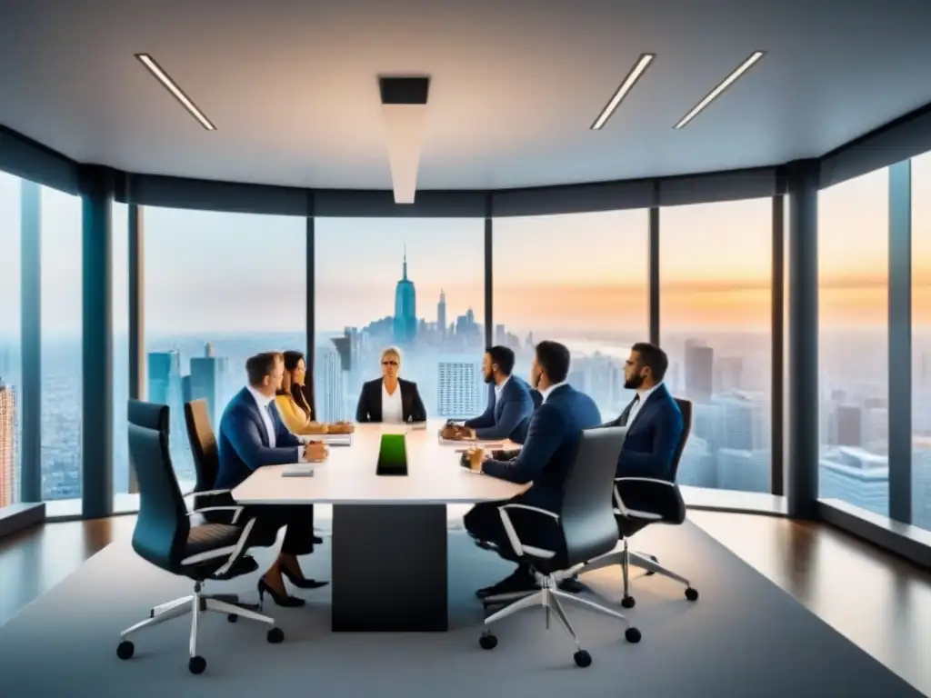 Oficina de lujo con mesa de conferencias y vista urbana Reunión de afiliación en oficina moderna con vista a la ciudad y estrategias de mercado inmobiliario