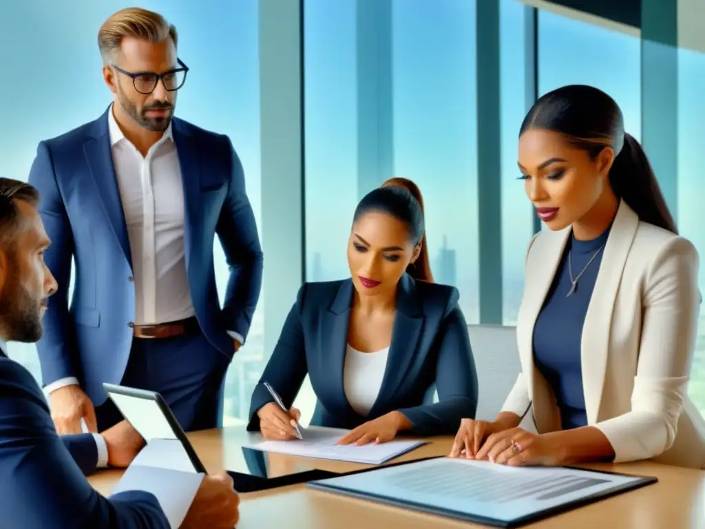 Profesionales inmobiliarios analizan informe detallado en oficina moderna Una reunión profesional de expertos inmobiliarios revisando una tasación en una moderna oficina con vista a la ciudad