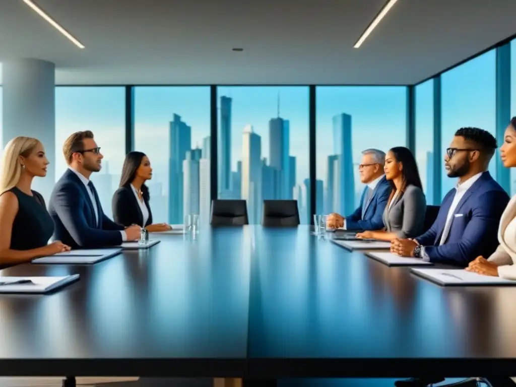 Profesionales diversificados en discusión inmobiliaria transparente Una reunión profesional de inversores inmobiliarios en un entorno transparente y moderno