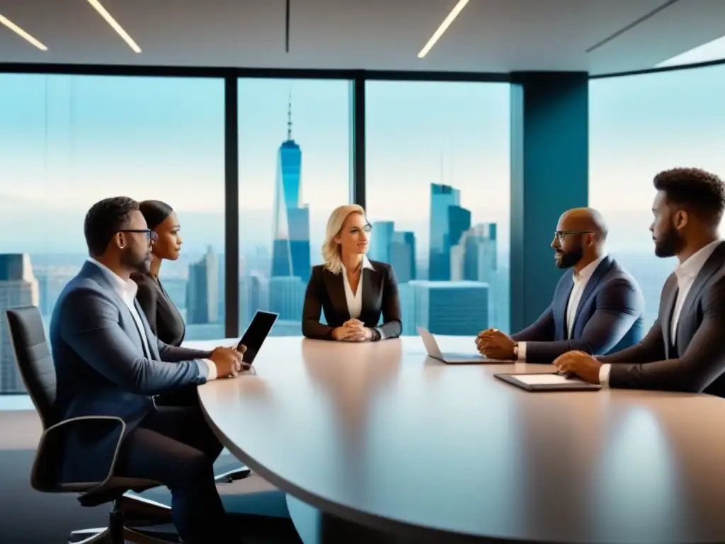 Profesionales en discusión estratégica en oficina moderna Una reunión profesional en una oficina moderna con tecnología avanzada y vista a la ciudad, que transmite inteligencia y profesionalismo