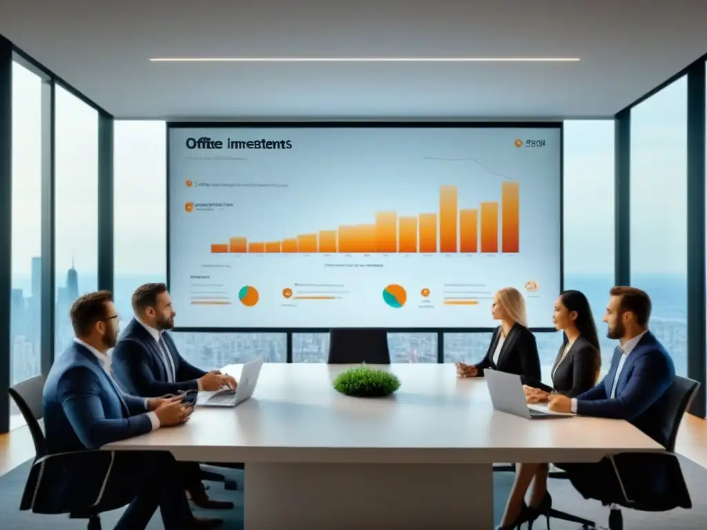 Oficina moderna: profesionales discuten inversiones inmobiliarias Una reunión profesional en una oficina moderna con expertos en inversiones inmobiliarias, analizando datos en pantalla