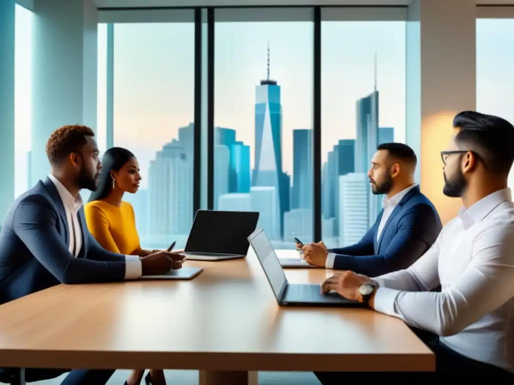 Profesionales en brainstorming estratégico en moderno boardroom Una reunión profesional en una sala de juntas moderna, con expertos enfocados en una propuesta préstamo comercial irresistible