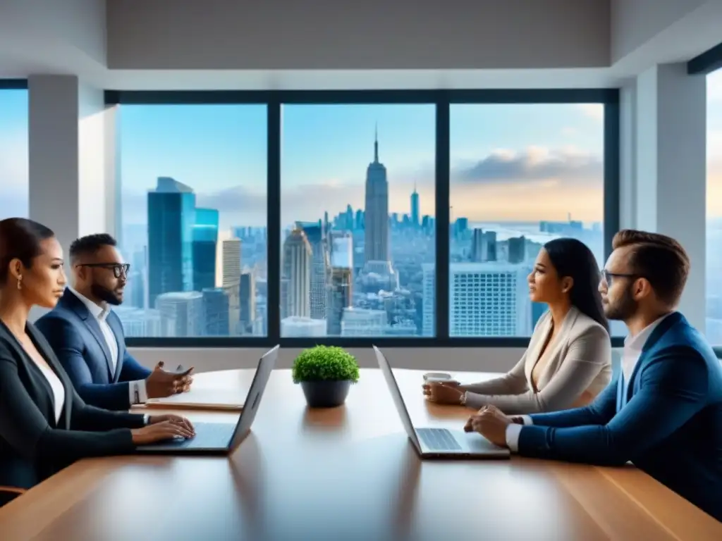 Reunión profesional: diversidad y finanzas inmobiliarias Reunión profesional sobre tipos de préstamos inmobiliarios adecuados, con gráficos y laptops en una sala moderna con vista a la ciudad