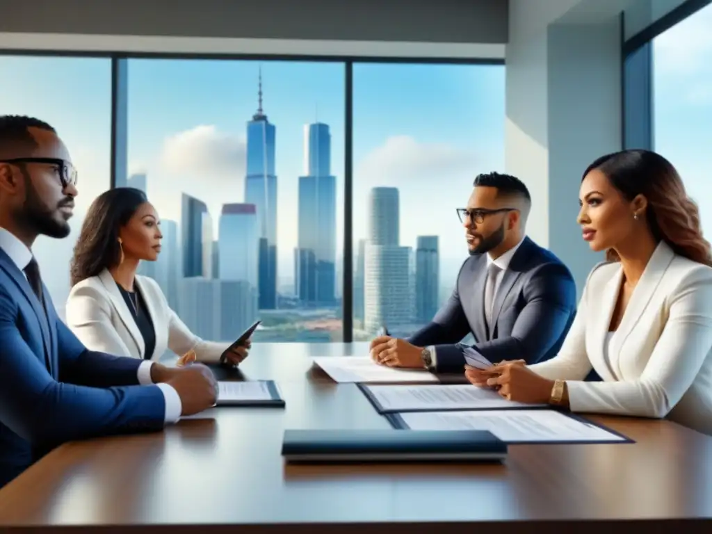 Profesionales diversos colaborando en transacciones inmobiliarias Una reunión de profesionales diversa y enfocada discutiendo documentos financieros inmobiliarios