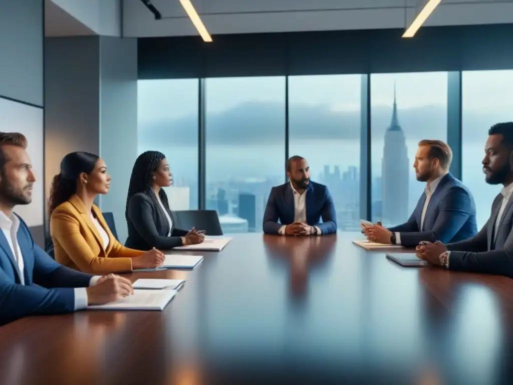 Profesionales enfocados en inversión inmobiliaria internacional Una reunión de profesionales diversa y enfocada revisando documentos sobre inversión inmobiliaria internacional en una oficina contemporánea