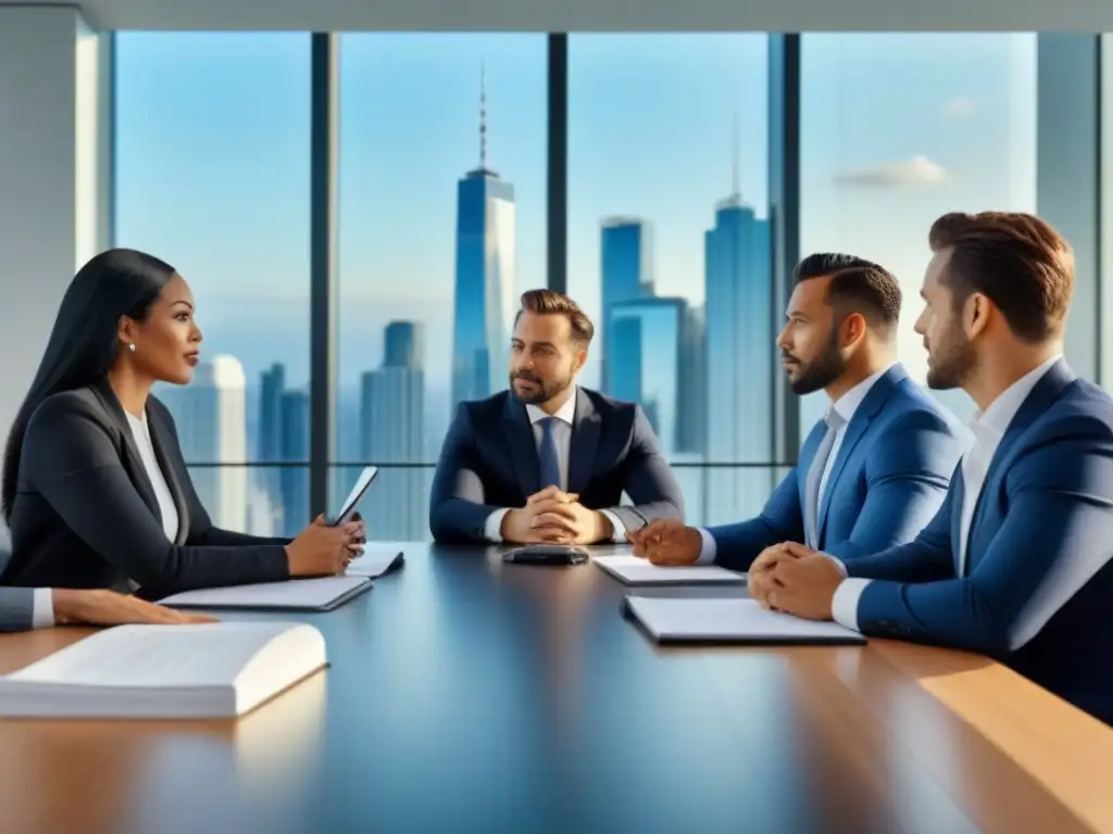 Conferencia de expertos en inversión inmobiliaria Una reunión de profesionales diversa discutiendo estrategias de Inversión en REITs inmobiliarios en una moderna oficina con vista a la ciudad