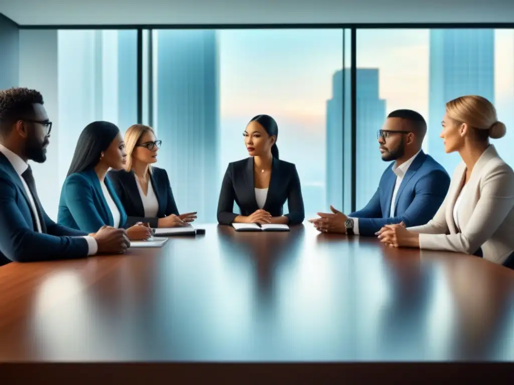 Reunión de profesionales: planificación financiera inmobiliaria Una reunión de profesionales diversa discutiendo sobre planificación financiera para préstamos inmobiliarios en una sala moderna y luminosa
