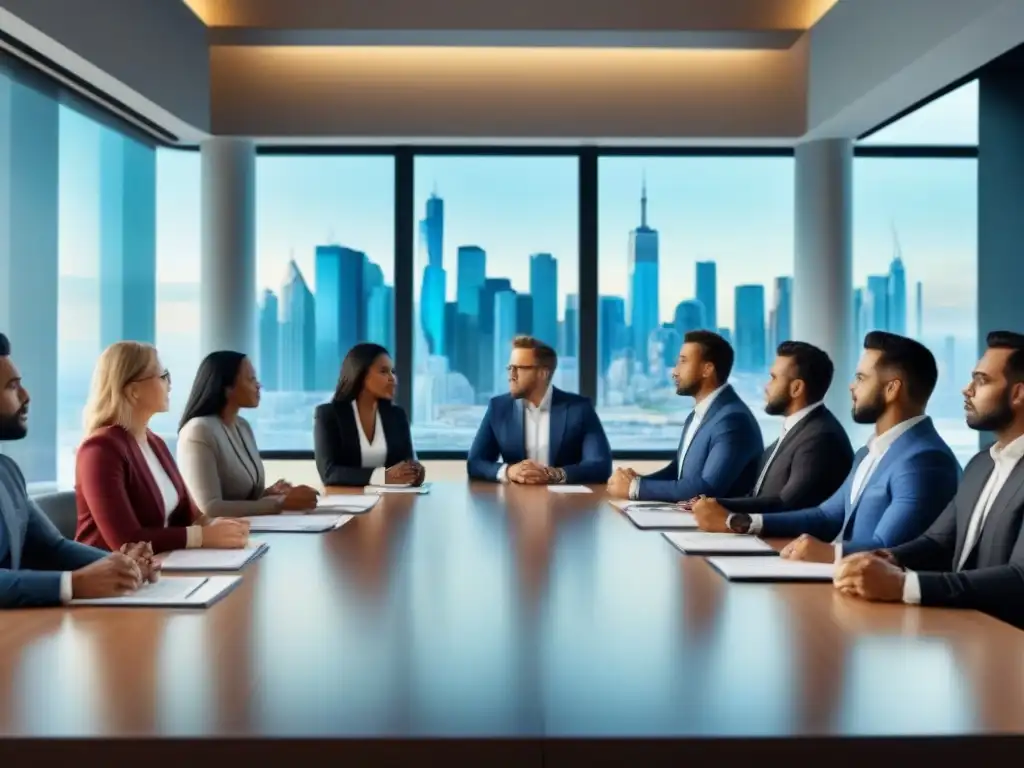 Reunión de profesionales diversa planificando estrategias financieras Una reunión de profesionales diversa en una sala moderna, discutiendo planes de pago para salir de deudas