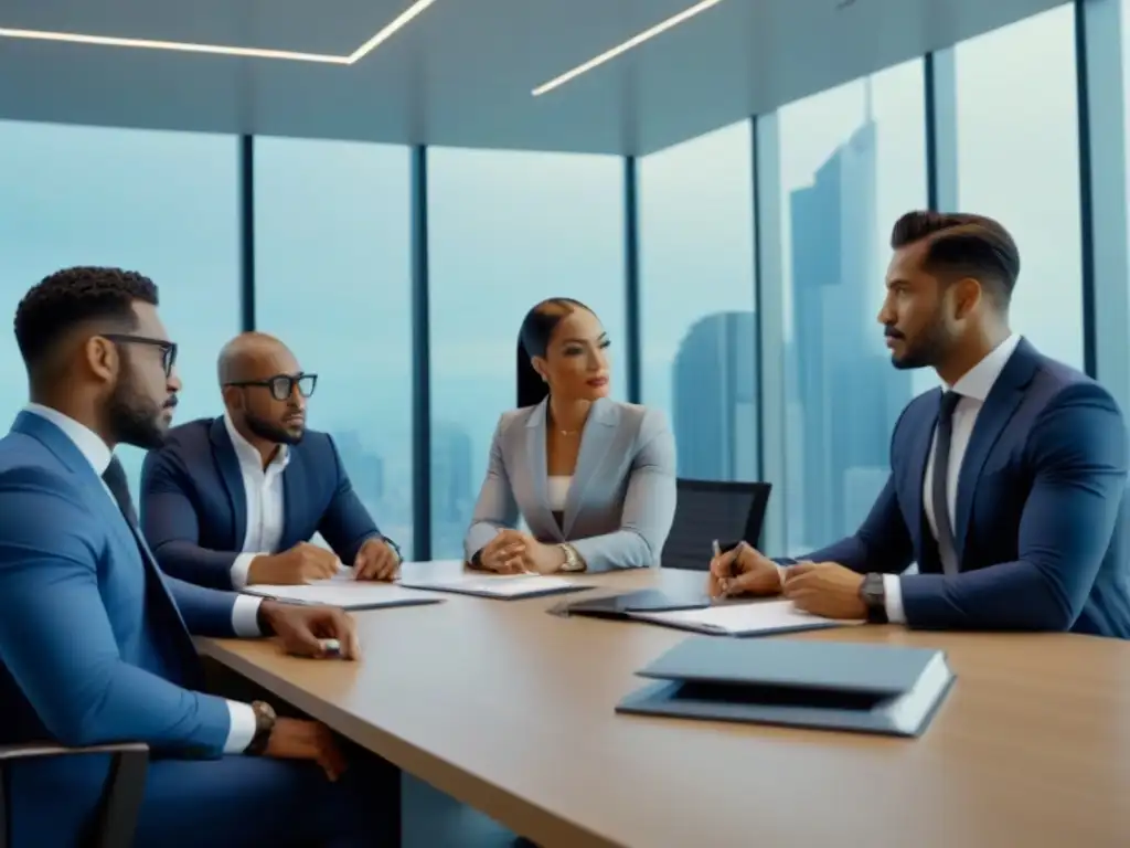 Profesionales en reunión: expertos en transacciones inmobiliarias Una reunión de profesionales diversos en una oficina moderna y elegante, discutiendo documentos financieros sobre transacciones inmobiliarias