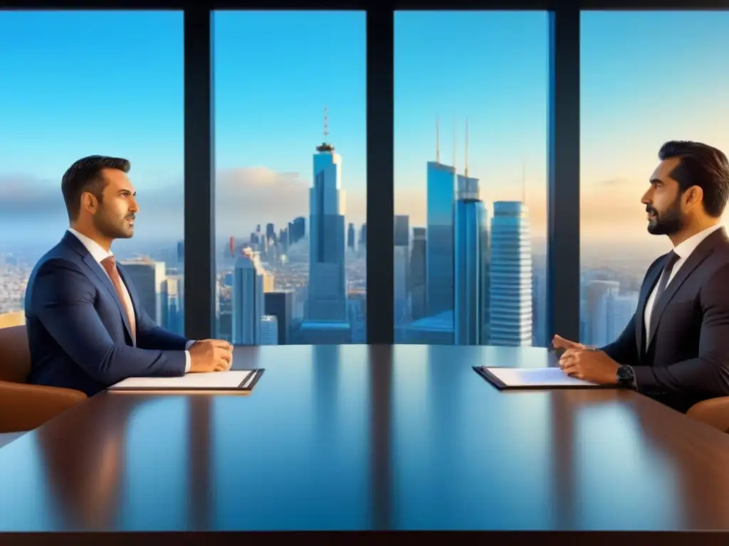 Profesionales expertos debaten sobre financiamiento inmobiliario en India Una reunión de profesionales en un elegante entorno urbano, discutiendo sobre financiamiento inmobiliario seguro en India