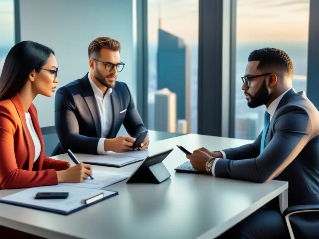 Reunión estratégica de profesionales en oficina moderna Una reunión de profesionales diversos discutiendo estrategias de financiamiento inmobiliario en una oficina moderna