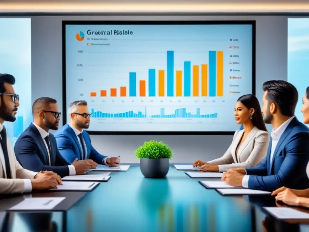 Profesionales diversificados debaten estrategias de inversión inmobiliaria Reunión de profesionales discutiendo estrategias de inversión inmobiliaria, con gráficos proyectados en pantalla