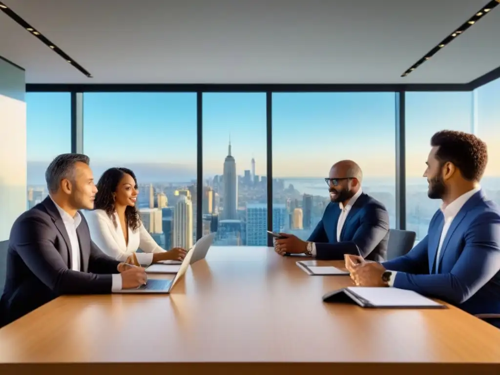 Inversión inmobiliaria inclusiva: profesionales diversos y vibrantes en una sala de juntas moderna Una reunión de profesionales financieros debatiendo estrategias en un moderno salón con vista a la ciudad
