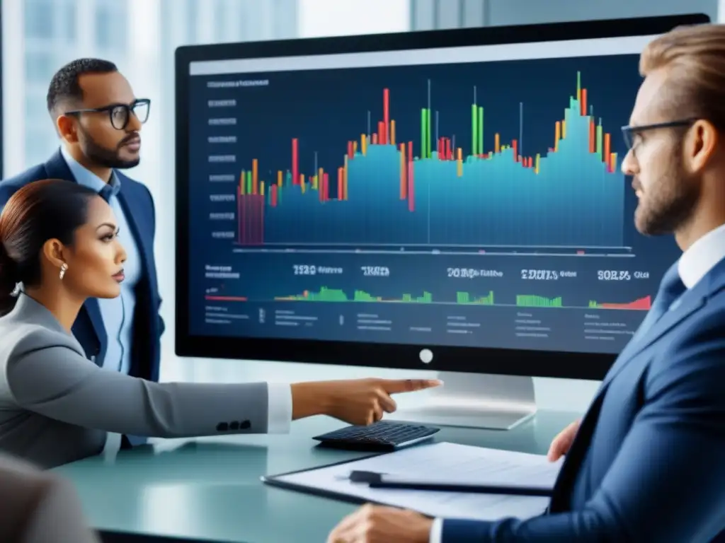 Una reunión de profesionales analizando gráficos financieros en una oficina moderna