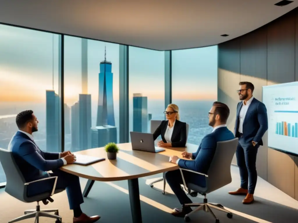 Reunión financiera de alto nivel en moderna oficina con vista urbana Reunión de profesionales en lujoso boardroom con vista a la ciudad, discutiendo estrategias de financiamiento inmobiliario