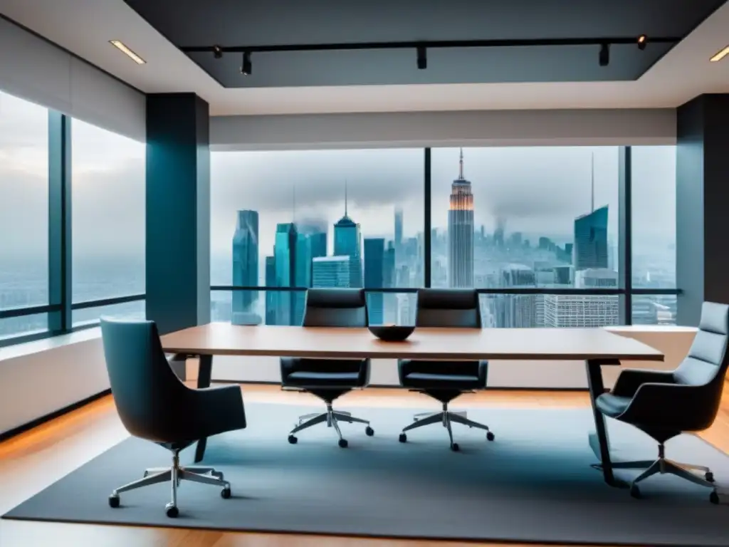 Reunión de profesionales en moderna oficina con vista a la ciudad, ideal para estrategias de content marketing inmobiliario