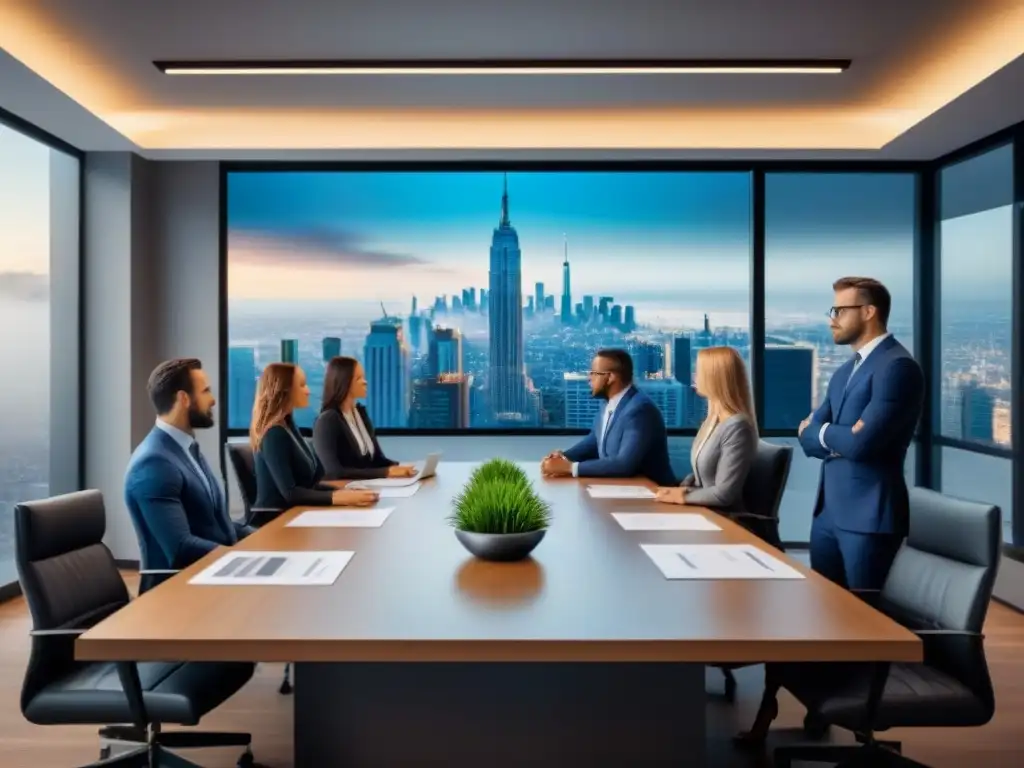 Oficina moderna con profesionales en reunión: inversión en bienes raíces Reunión de profesionales en moderna oficina, rodeados de planos históricos de bienes raíces