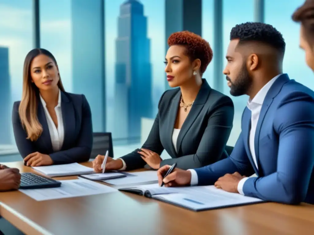 Profesionales debaten regulaciones de financiamiento inmobiliario en oficina moderna Reunión de profesionales diversos discutiendo normativa local financiamiento inmobiliario en moderna oficina con vista a la ciudad