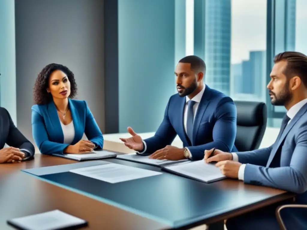 Profesionales especializados en subastas inmobiliarias Una reunión de profesionales en una oficina de abogados moderna, enfocados en la asesoría legal compra propiedades remate