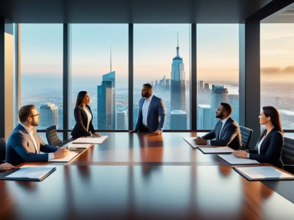 Profesionales en reunión estratégica de inversión inmobiliaria Una reunión de profesionales en una oficina moderna, discutiendo estrategias de inversión en financiamiento inmobiliario