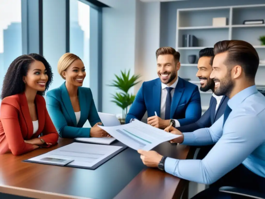 Profesionales exitosos en reunión de negocios Una reunión de profesionales en una oficina moderna, discutiendo transacciones inmobiliarias claras y confiables