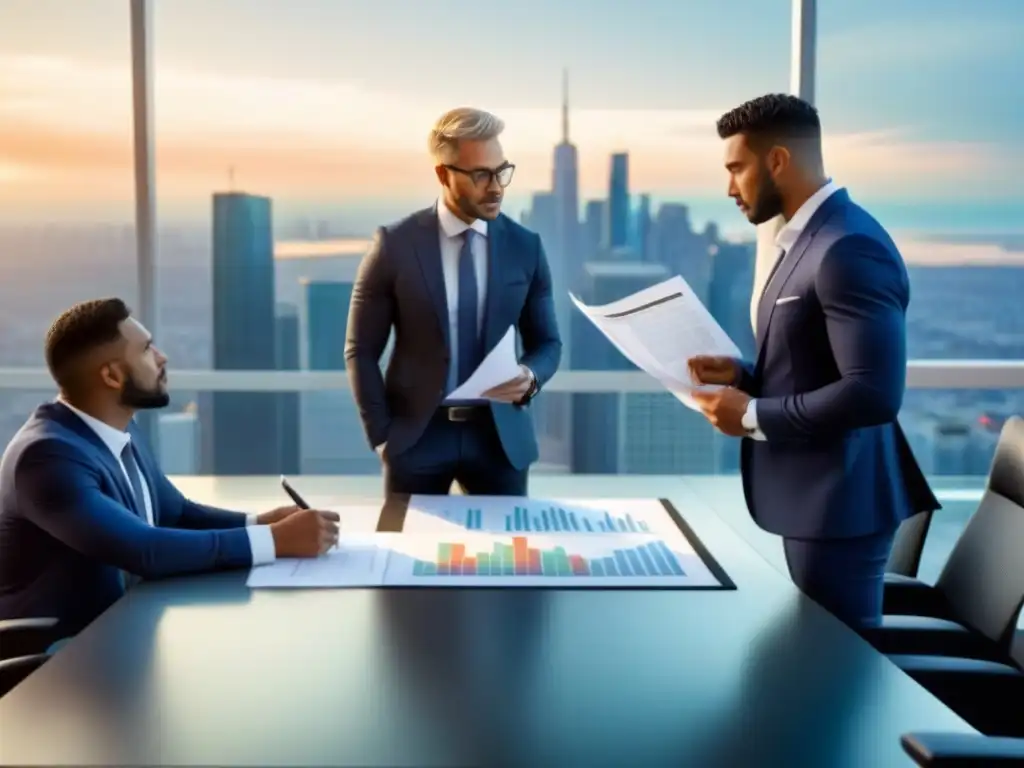 Profesionales en reunión financiera en oficina moderna Reunión de profesionales en oficina moderna con vista a la ciudad al atardecer - Requisitos préstamo comercial 2023