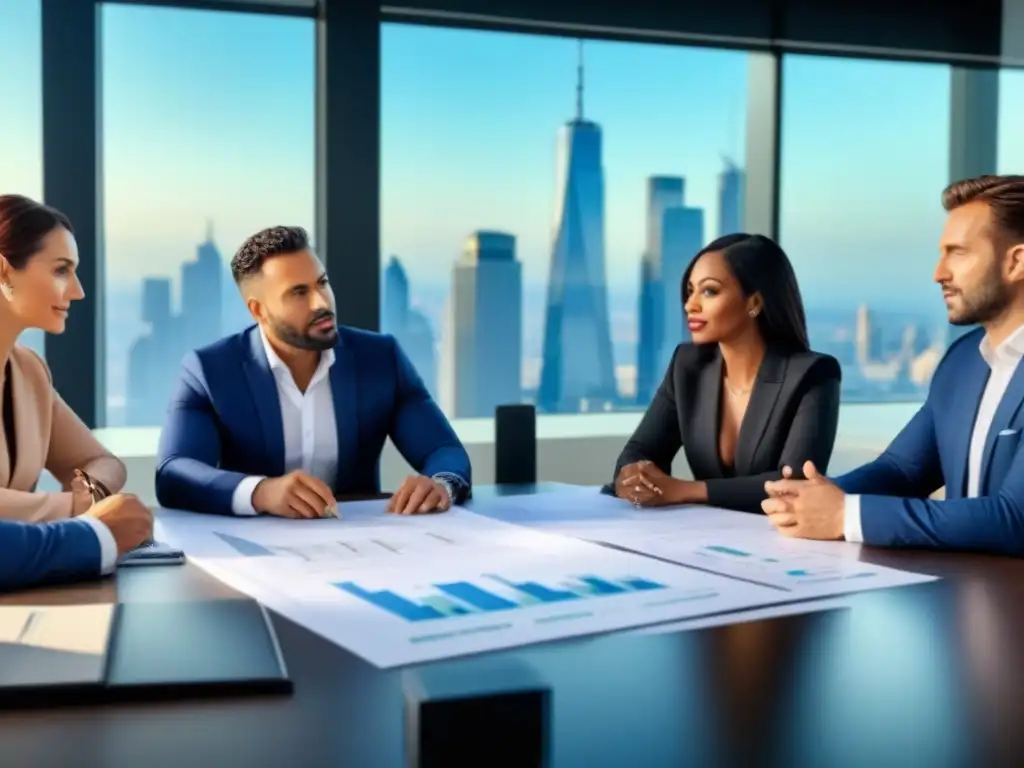 Profesionales en reunión estratégica: Inversión inmobiliaria Reunión de profesionales en oficina moderna discutiendo estrategias de inversión inmobiliaria, con gráficos y planos