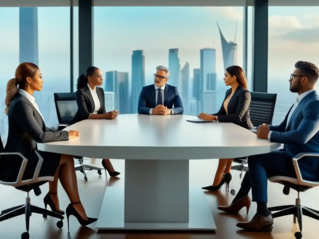 Conferencia profesional diversa en oficina de lujo con vistas panorámicas Una reunión de profesionales diversos discutiendo sobre riesgos en portafolios inmobiliarios en una oficina moderna con vistas a la ciudad