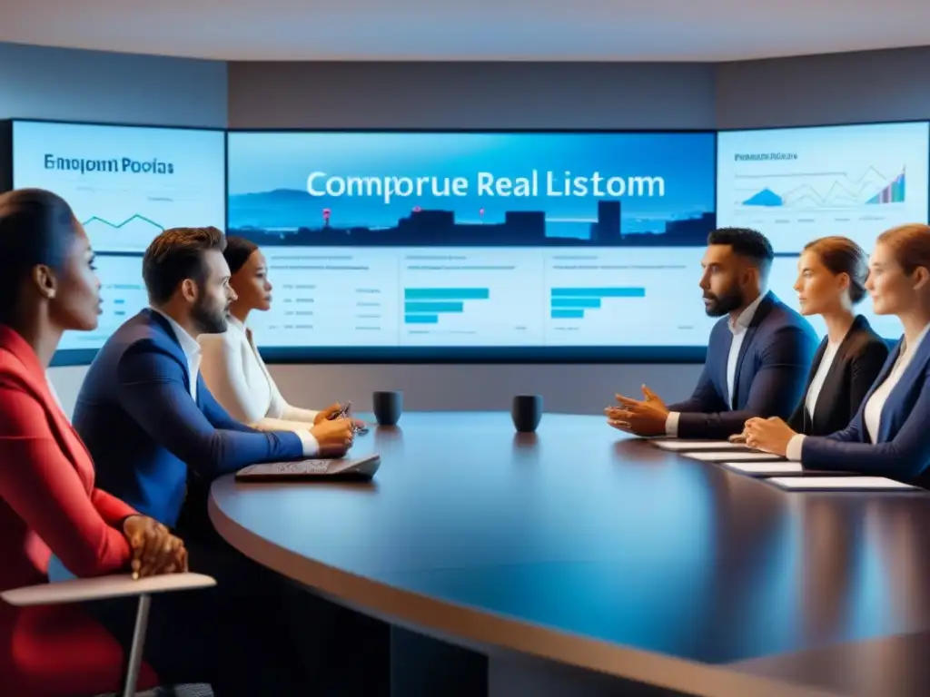 Reunión de profesionales en sala moderna discutiendo estrategias inmobiliarias Una reunión de profesionales en una sala moderna discutiendo técnicas de negociación préstamos inmobiliarios
