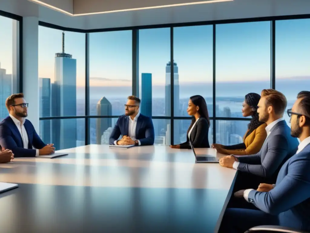 Inversión inmobiliaria: debate multicultural en oficina moderna Una reunión de profesionales diversos discutiendo sobre Tipos de REITs para inversores en una oficina moderna con vista a la ciudad