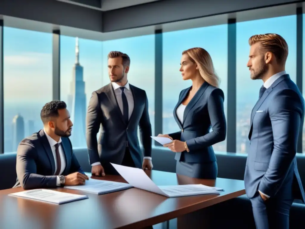 Negociación financiera para proyecto inmobiliario Reunión de profesionales en traje negociando con ejecutivos bancarios en sala de juntas moderna, buscando financiamiento inmobiliario