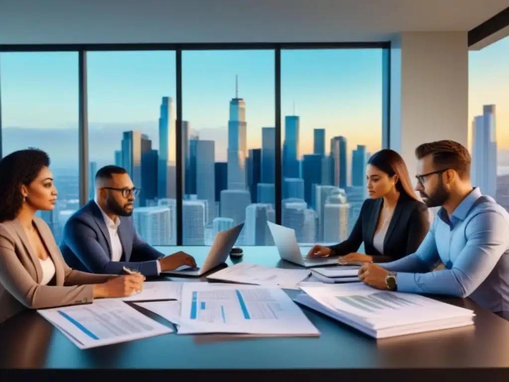 Diversos propietarios preocupados en reunión financiera Reunión de propietarios preocupados por deudas inmobiliarias en crisis, rodeados de papeleo y gráficos, en una sala moderna con vista a la ciudad