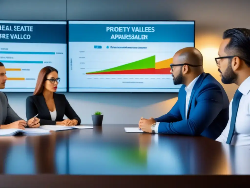 Expertos en valuación inmobiliaria en acción Una reunión de tasadores inmobiliarios certificados discutiendo valores en una oficina luminosa
