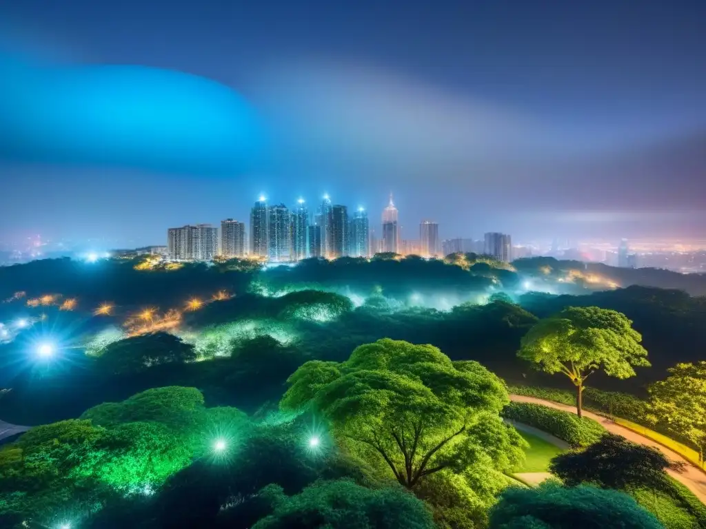 Condominio de lujo con diseño arquitectónico moderno en la ciudad Riesgos inversión propiedades inmobiliarias: lujoso complejo residencial urbano de diseño moderno y elegante, con vistas a la ciudad de noche y rodeado de vegetación exuberante, iluminado por suave luz ambiental