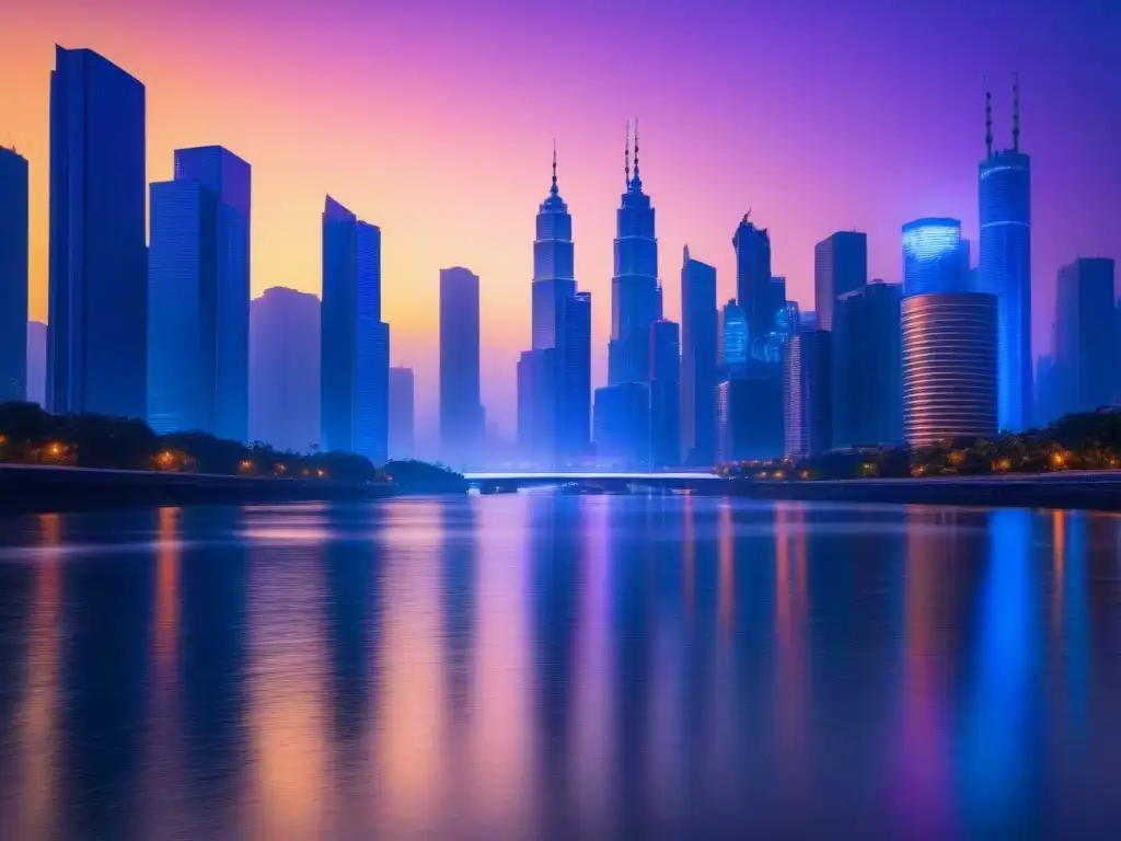 Horizonte futurista: ciudad iluminada al atardecer Riesgos en proyectos inmobiliarios emergentes: un horizonte futurista iluminado por luces coloridas en una ciudad innovadora al anochecer