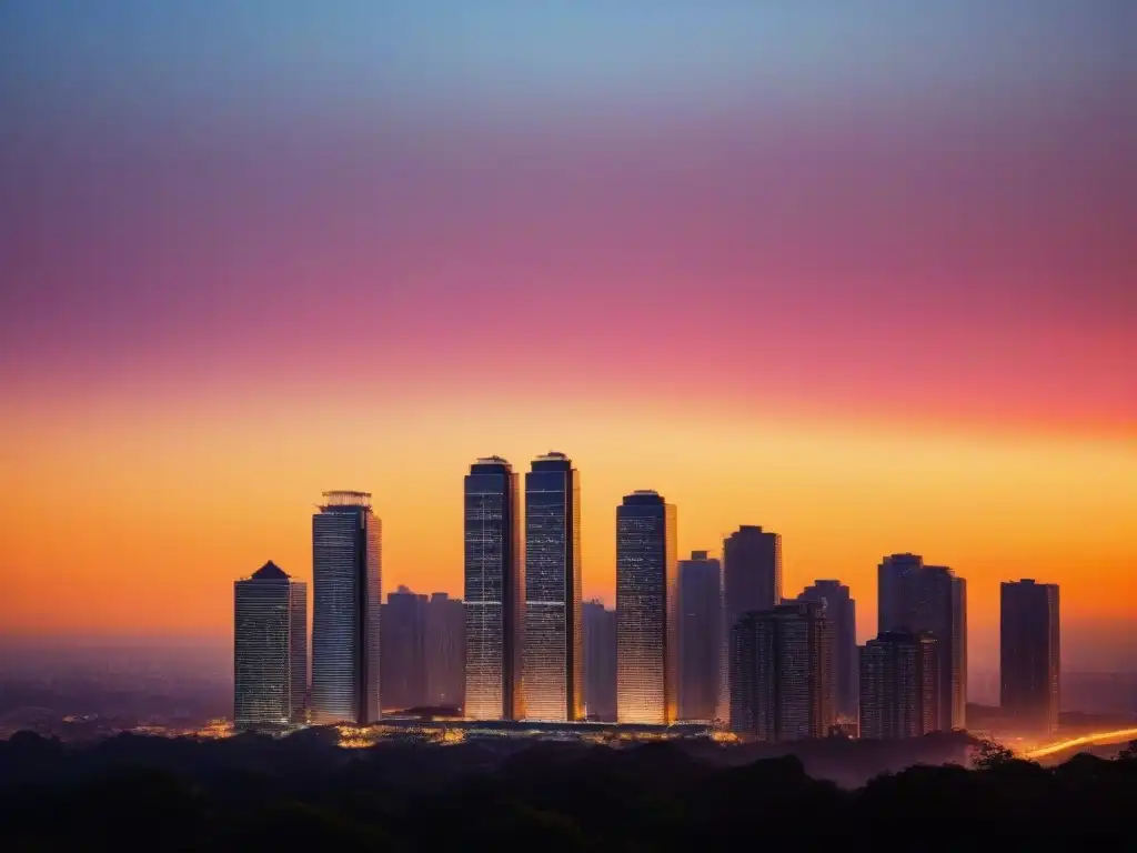 Rascacielos moderno al atardecer: crowdfunding inmobiliario Riesgos y recompensas del crowdfunding inmobiliario: un rascacielos moderno en contraste con un atardecer vibrante