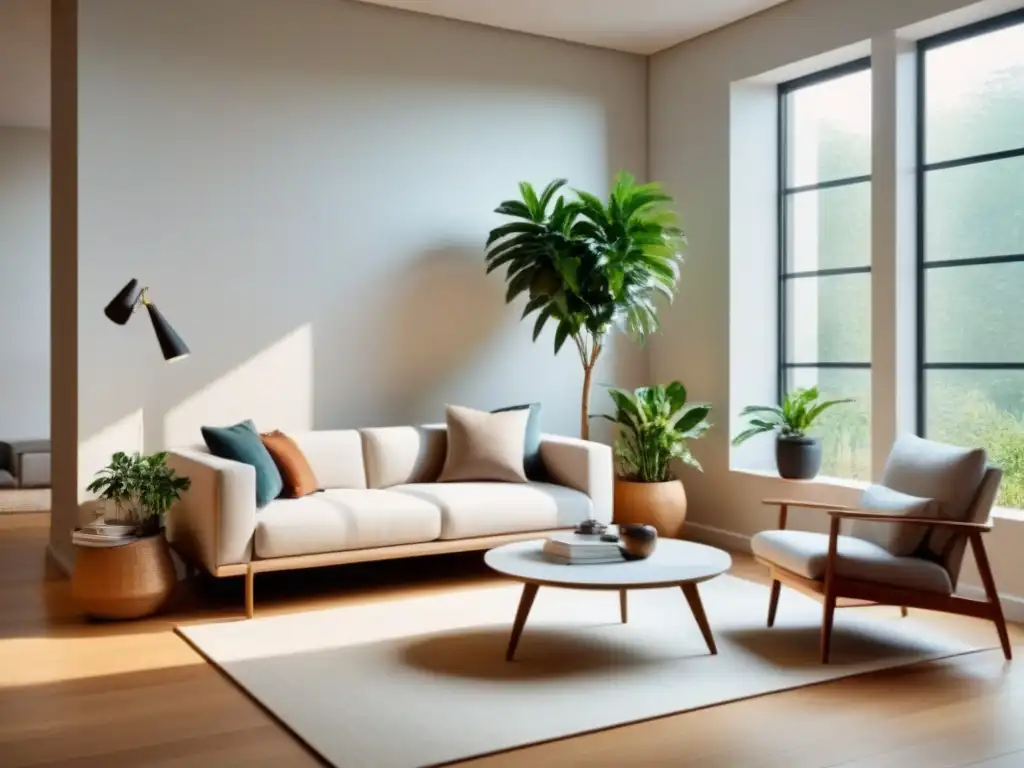 Salón minimalista y sereno: rincón acogedor con butaca oversized y plantas verdes Un rincón acogedor con una butaca oversized en tonos neutros, bañado por luz natural