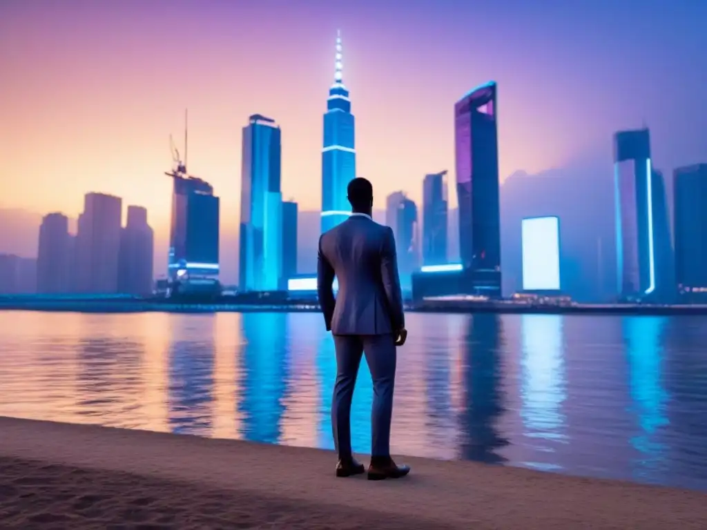 Robot AI en ciudad futurista: innovación legal en finanzas inmobiliarias Un robot AI en un paisaje urbano futurista al anochecer, con rascacielos iluminados y documentos legales digitales flotando, simbolizando la automatización de procesos legales en el financiamiento inmobiliario