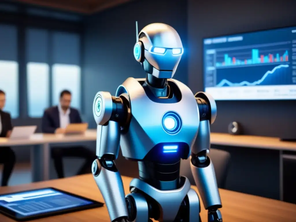 Robot futurista y profesionales evalúan préstamos inmobiliarios Un robot futurista junto a profesionales evalúan préstamos inmobiliarios en una oficina moderna