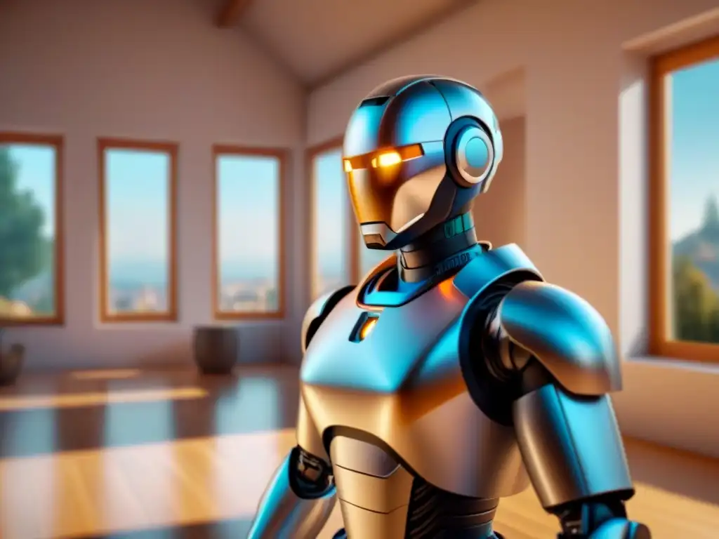 Robot AI futurista analizando modelo 3D de casa con algoritmos y visualizaciones de datos, revolucionando tasaciones inmobiliarias