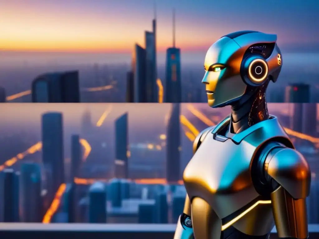 Robot analizando datos inmobiliarios en ciudad futurista Un robot en traje de negocios analiza datos inmobiliarios mientras profesionales observan, en una ciudad futurista al atardecer
