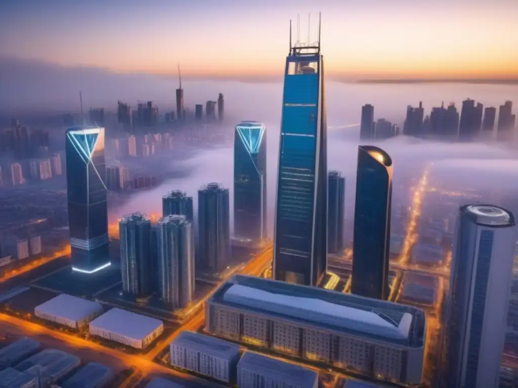 Avance tecnológico: robots y drones construyen rascacielos futurista Robótica en construcción de bienes raíces: Drones y brazos robóticos construyendo un rascacielos futurista en la ciudad
